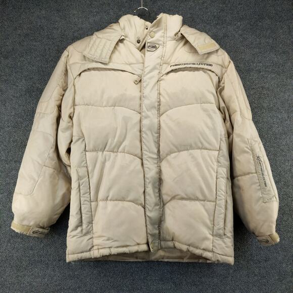 FUBU The Collection Down Puffer Coat Jacket Size 14/16 Cream Hooded Logo - Picture 2 of 12